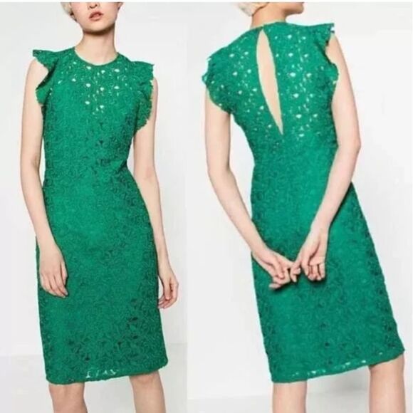 Zara Green Lace Knee Length Dress- new without tag - Picture 2 of 2